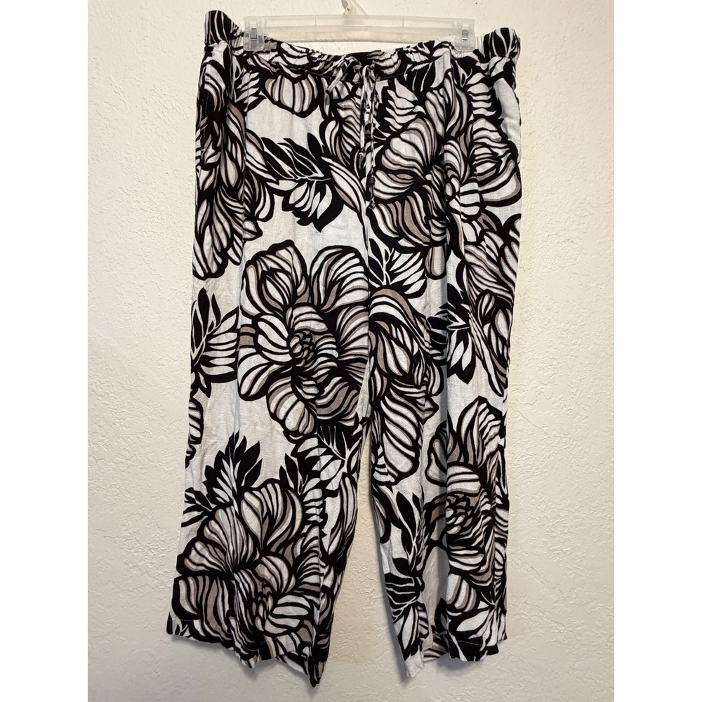 Susan Graver Floral Print Linen Blend Pull On Crop Pants Black Tan 1X A378578